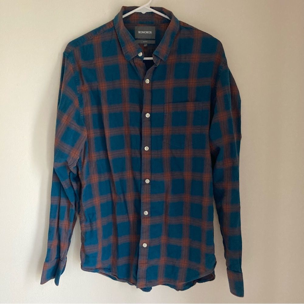Bonobos Men’s plaid flannel button down hidden collar long sleeve large - EUC!